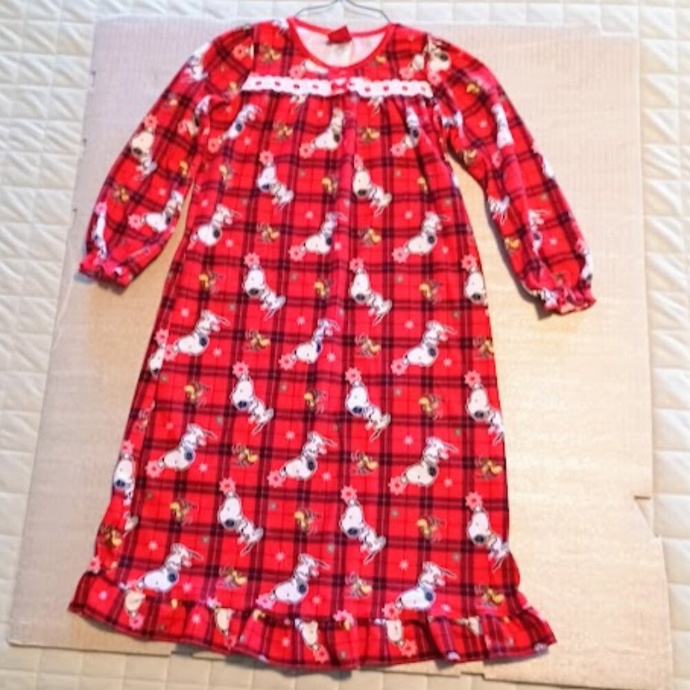 Peanuts Girls PJ gown, size S/P Red w/Snoopy & Woodstock ruffled sleeves & hem